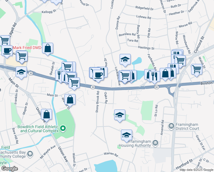 map of restaurants, bars, coffee shops, grocery stores, and more near 571 Worcester Road in Framingham