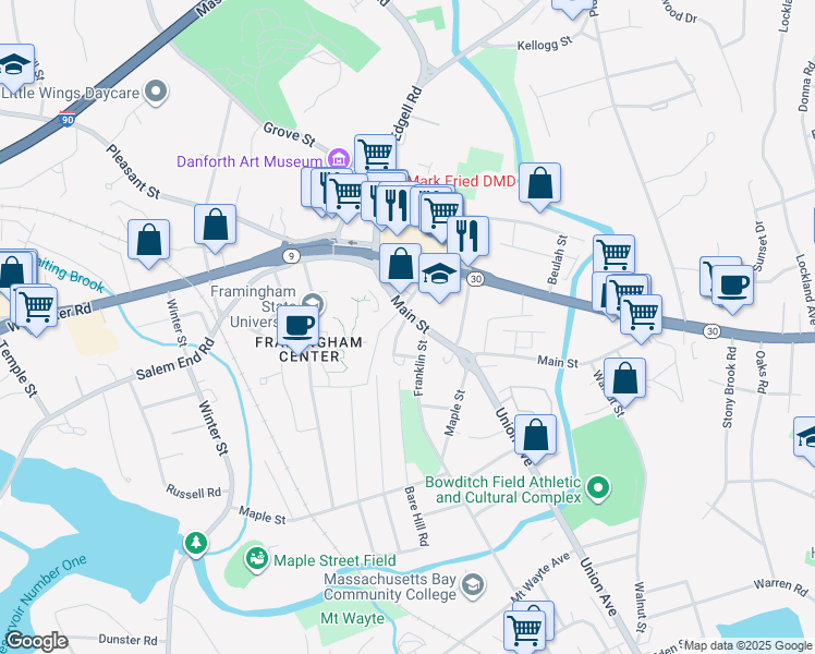 map of restaurants, bars, coffee shops, grocery stores, and more near 26a Main Street in Framingham