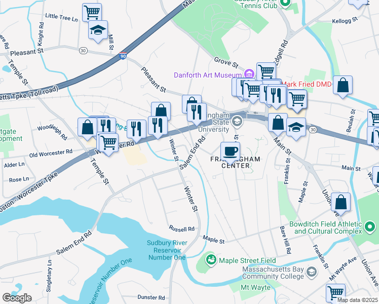 map of restaurants, bars, coffee shops, grocery stores, and more near 89 Maynard Road in Framingham