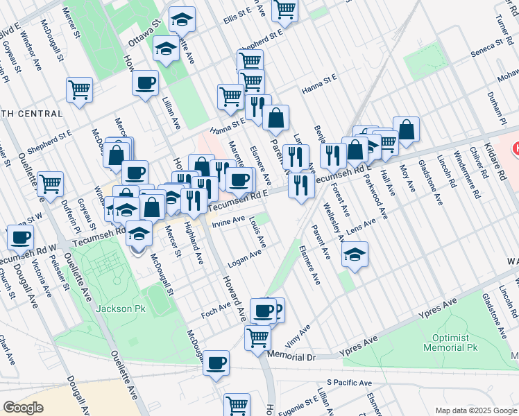 map of restaurants, bars, coffee shops, grocery stores, and more near 835 Tecumseh Road East in Windsor