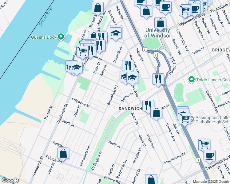 map of restaurants, bars, coffee shops, grocery stores, and more near 3275 Bloomfield Road in Windsor