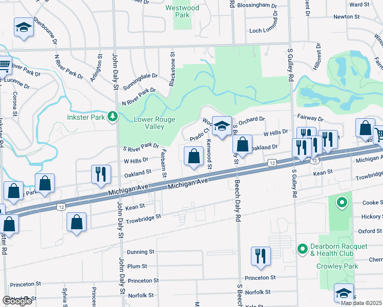 map of restaurants, bars, coffee shops, grocery stores, and more near 1522 South River Park Drive in Inkster