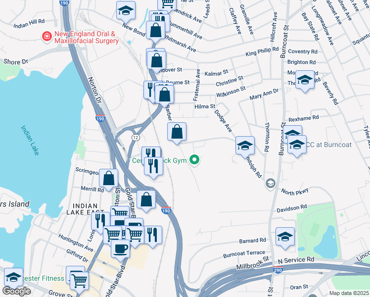 map of restaurants, bars, coffee shops, grocery stores, and more near 111 Randolph Road in Worcester