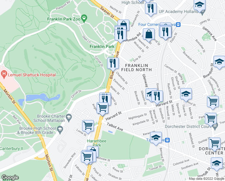 map of restaurants, bars, coffee shops, grocery stores, and more near 764 Blue Hill Avenue in Boston