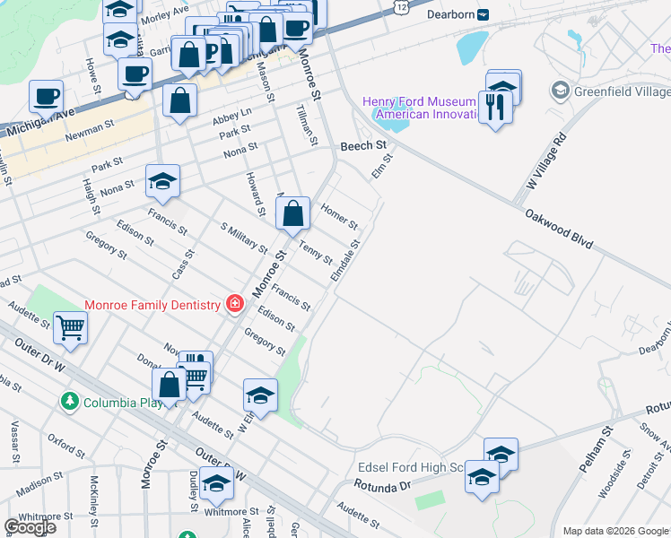 map of restaurants, bars, coffee shops, grocery stores, and more near 21530 Tenny Street in Dearborn