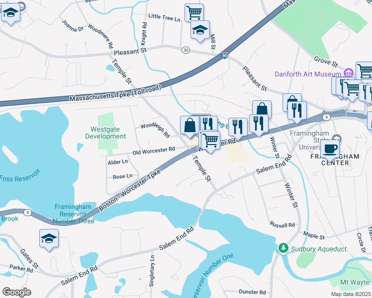 map of restaurants, bars, coffee shops, grocery stores, and more near 1281 Worcester Road in Framingham