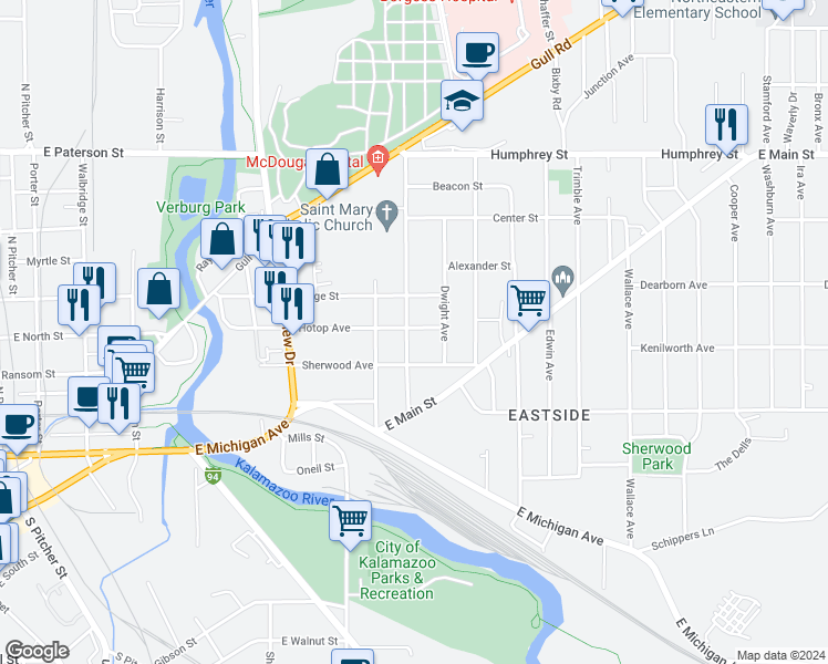 map of restaurants, bars, coffee shops, grocery stores, and more near 1322 Hotop Avenue in Kalamazoo