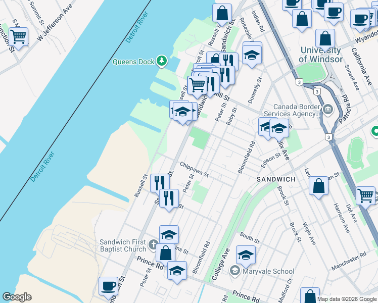 map of restaurants, bars, coffee shops, grocery stores, and more near 3355 Sandwich Street in Windsor