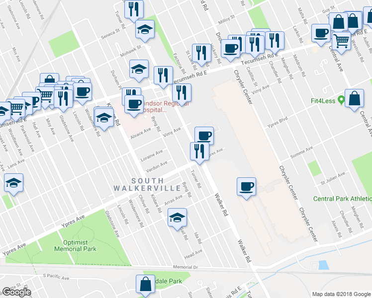 map of restaurants, bars, coffee shops, grocery stores, and more near 2356 Turner Road in Windsor