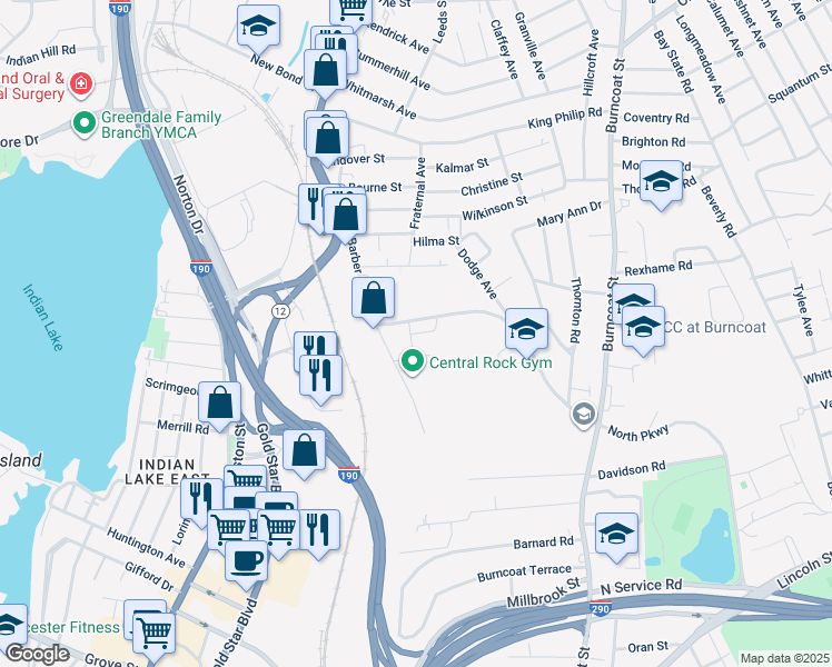 map of restaurants, bars, coffee shops, grocery stores, and more near 5 Holt Avenue in Worcester