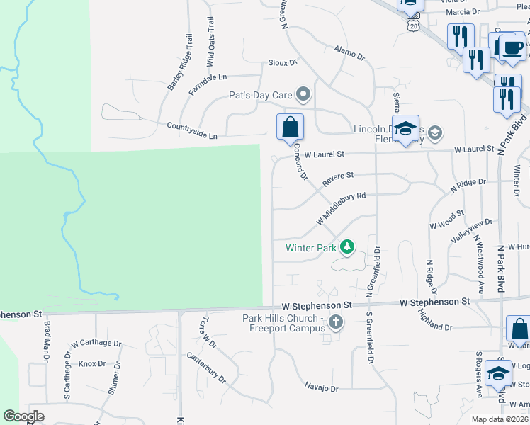 map of restaurants, bars, coffee shops, grocery stores, and more near 248 Park Crest Drive in Freeport