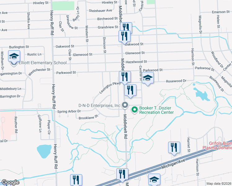 map of restaurants, bars, coffee shops, grocery stores, and more near 1572 Meadow Lane in Inkster