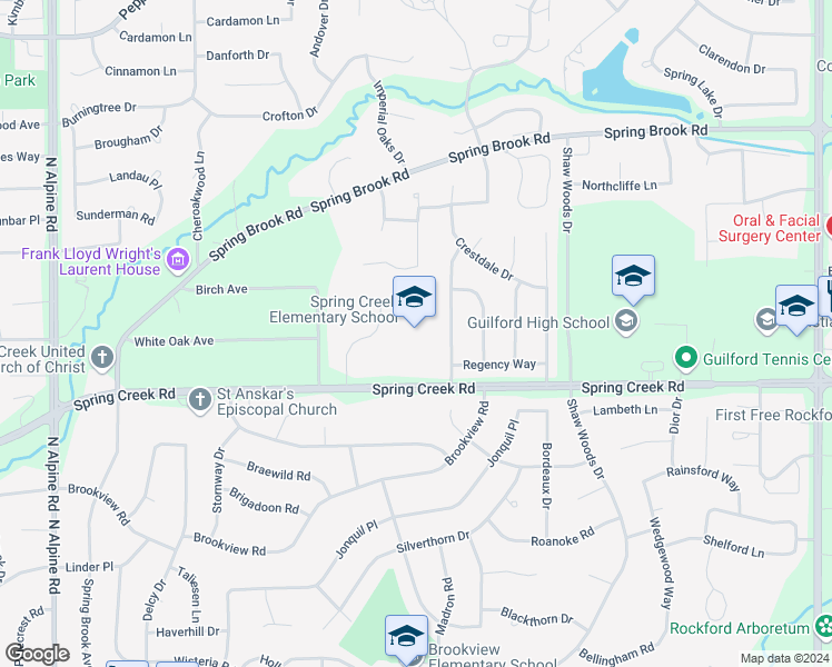 map of restaurants, bars, coffee shops, grocery stores, and more near 5222 Spring Creek Road in Rockford