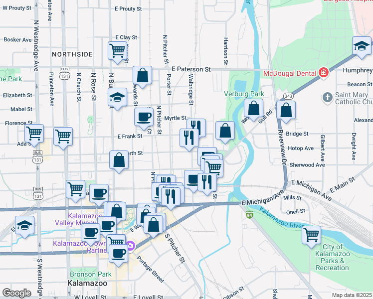 map of restaurants, bars, coffee shops, grocery stores, and more near 429 East North Street in Kalamazoo