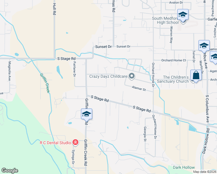 map of restaurants, bars, coffee shops, grocery stores, and more near 2136 La Connor Lane in Medford