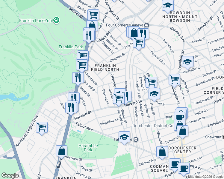 map of restaurants, bars, coffee shops, grocery stores, and more near 39 Gleason Street in Boston