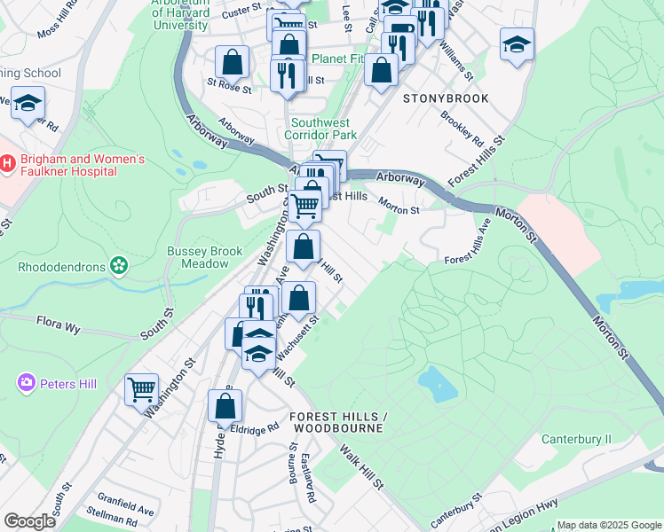 map of restaurants, bars, coffee shops, grocery stores, and more near 48 Woodlawn Street in Boston