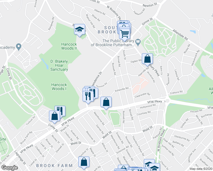 map of restaurants, bars, coffee shops, grocery stores, and more near 91 Thornton Road in Brookline
