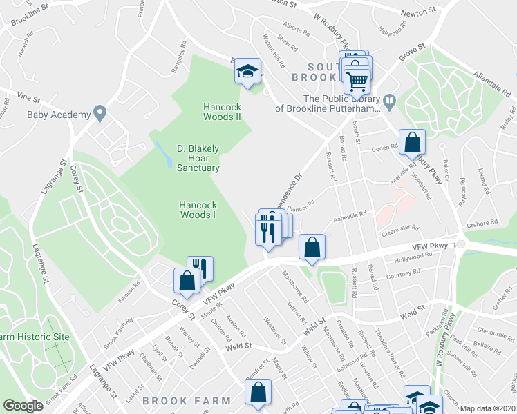 map of restaurants, bars, coffee shops, grocery stores, and more near 40 Sherman Road in Boston