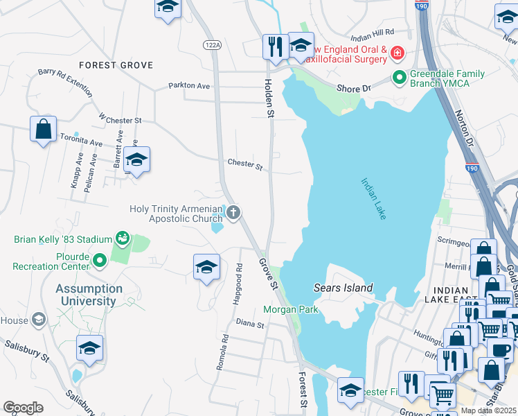 map of restaurants, bars, coffee shops, grocery stores, and more near 21 Holden Street in Worcester