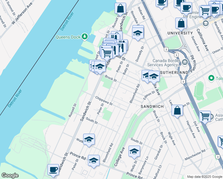 map of restaurants, bars, coffee shops, grocery stores, and more near in Windsor