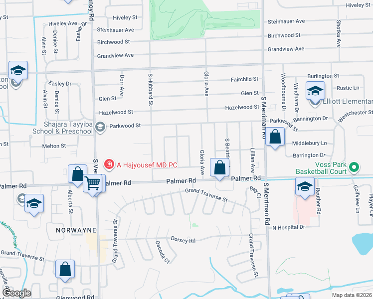 map of restaurants, bars, coffee shops, grocery stores, and more near 1541 Winifred Street in Westland