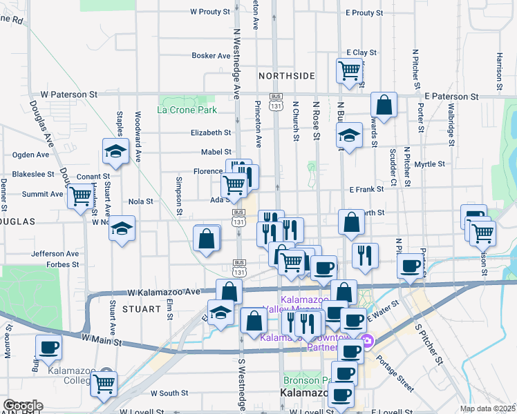 map of restaurants, bars, coffee shops, grocery stores, and more near 718 Cooley Street in Kalamazoo