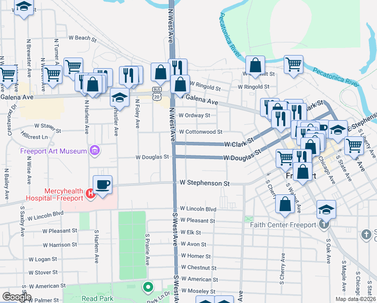 map of restaurants, bars, coffee shops, grocery stores, and more near 223 North Grove Avenue in Freeport