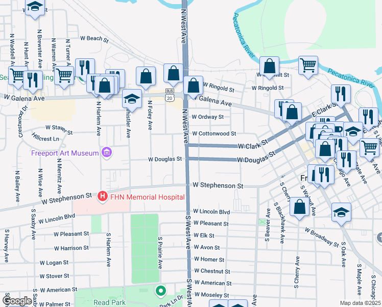 map of restaurants, bars, coffee shops, grocery stores, and more near 223 North Grove Avenue in Freeport