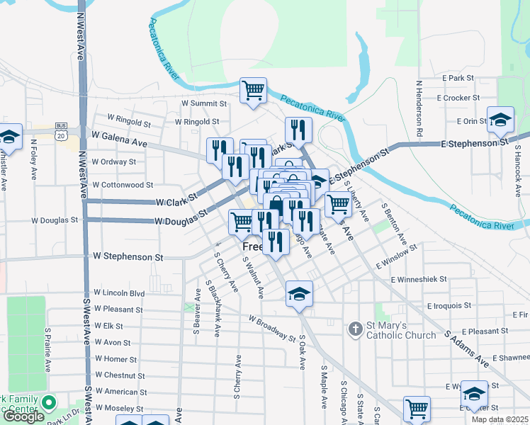 map of restaurants, bars, coffee shops, grocery stores, and more near 4 West Stephenson Street in Freeport
