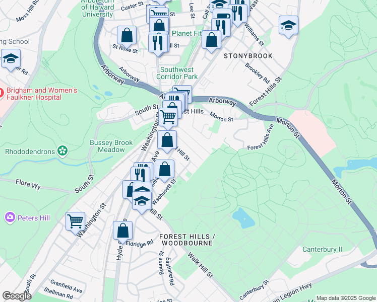 map of restaurants, bars, coffee shops, grocery stores, and more near 49 Woodlawn Street in Jamaica Plain