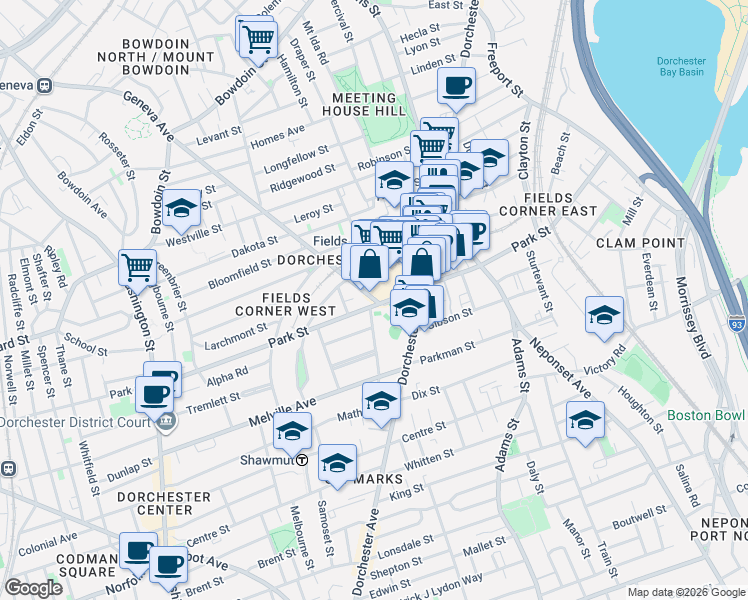map of restaurants, bars, coffee shops, grocery stores, and more near 195 Park Street in Boston