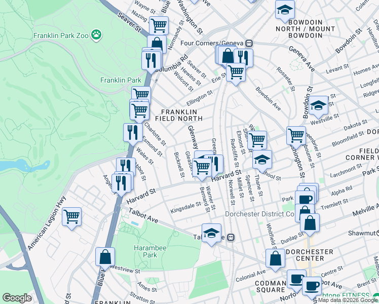 map of restaurants, bars, coffee shops, grocery stores, and more near 39 Gleason Street in Boston