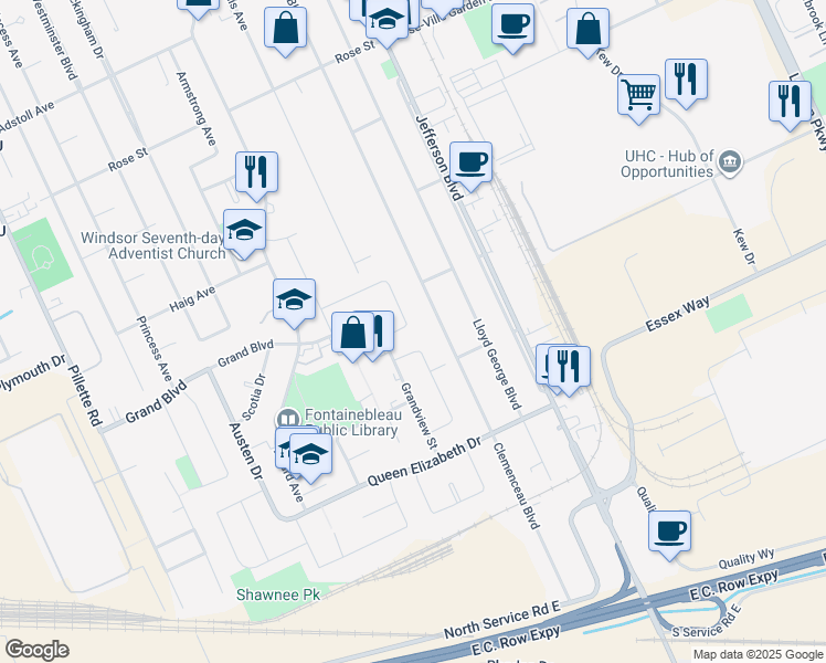 map of restaurants, bars, coffee shops, grocery stores, and more near 5682 Baldwin Avenue in Windsor