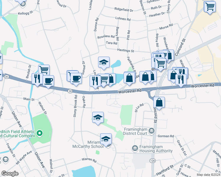 map of restaurants, bars, coffee shops, grocery stores, and more near 463 Worcester Road in Framingham