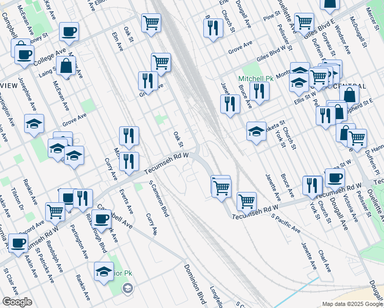 map of restaurants, bars, coffee shops, grocery stores, and more near 948 Tecumseh Road West in Windsor
