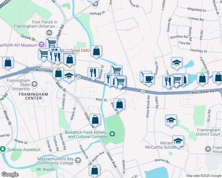 map of restaurants, bars, coffee shops, grocery stores, and more near 686 Worcester Road in Framingham