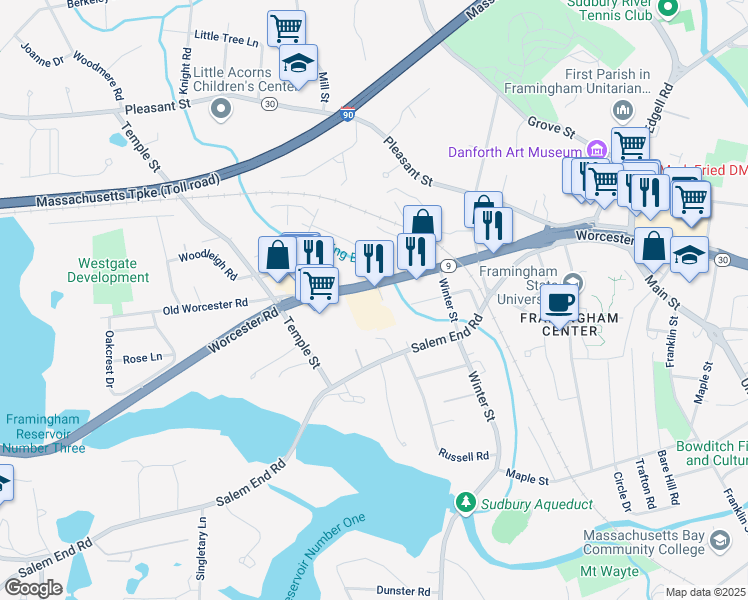 map of restaurants, bars, coffee shops, grocery stores, and more near 1170 Worcester Road in Framingham