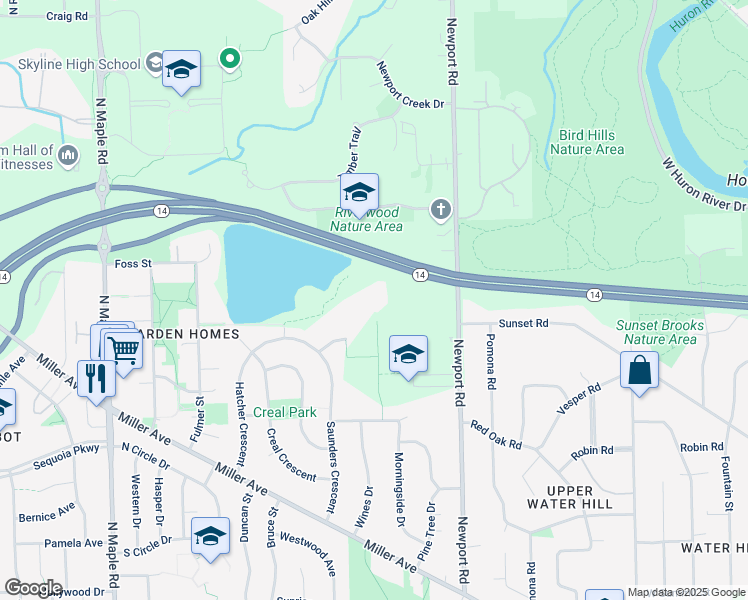 map of restaurants, bars, coffee shops, grocery stores, and more near 1701 Newport Road in Ann Arbor