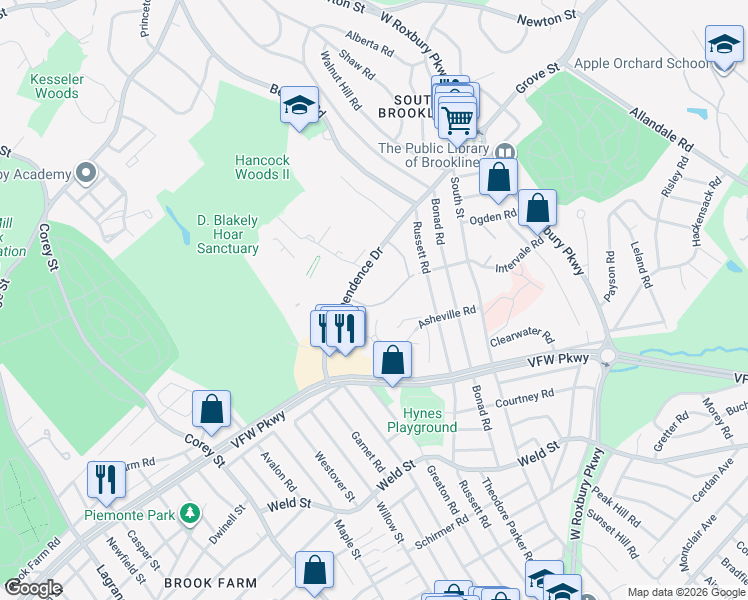 map of restaurants, bars, coffee shops, grocery stores, and more near 97 Thornton Road in Brookline