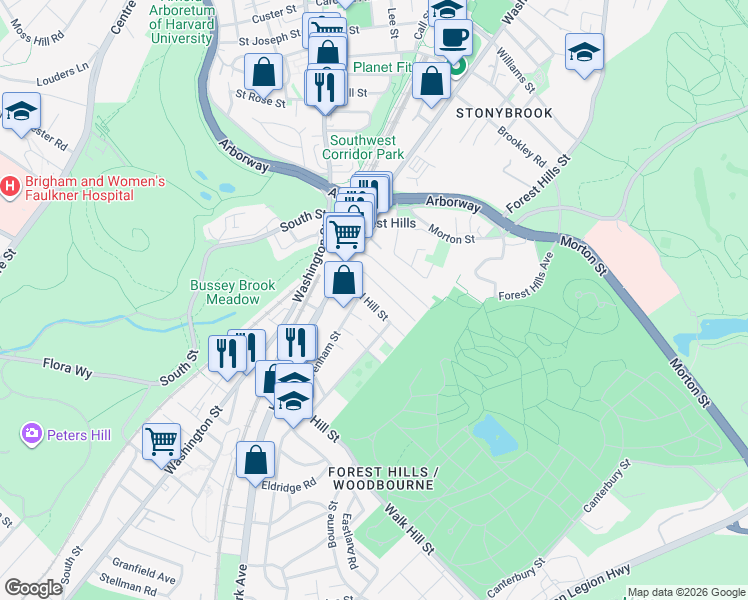 map of restaurants, bars, coffee shops, grocery stores, and more near 40 Weld Hill Street in Jamaica Plain