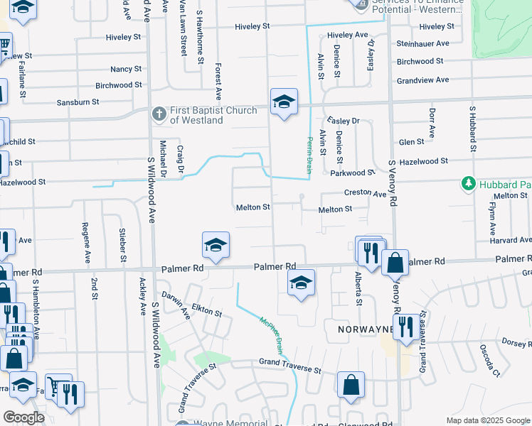 map of restaurants, bars, coffee shops, grocery stores, and more near 1516 South Schuman Street in Westland