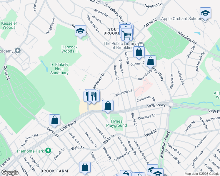 map of restaurants, bars, coffee shops, grocery stores, and more near 26 Thornton Road in Brookline