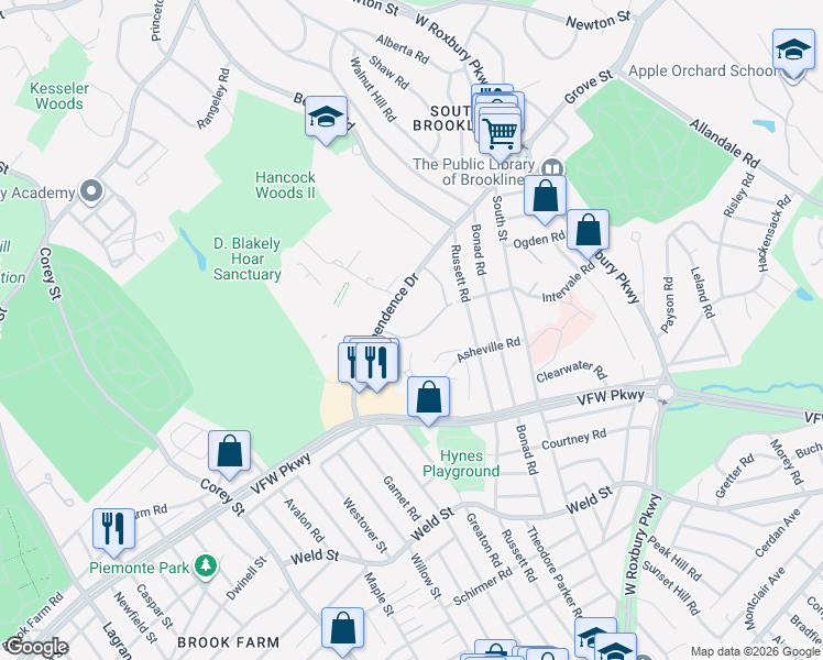 map of restaurants, bars, coffee shops, grocery stores, and more near 91 Thornton Road in Brookline