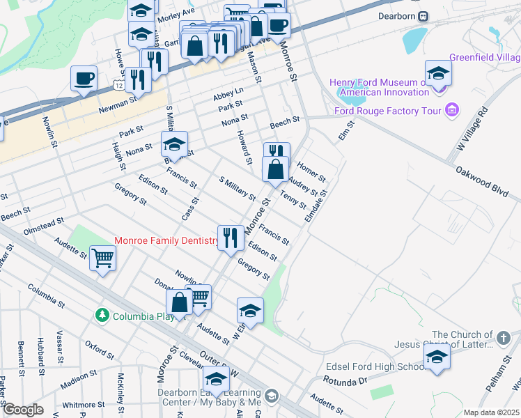 map of restaurants, bars, coffee shops, grocery stores, and more near in Dearborn