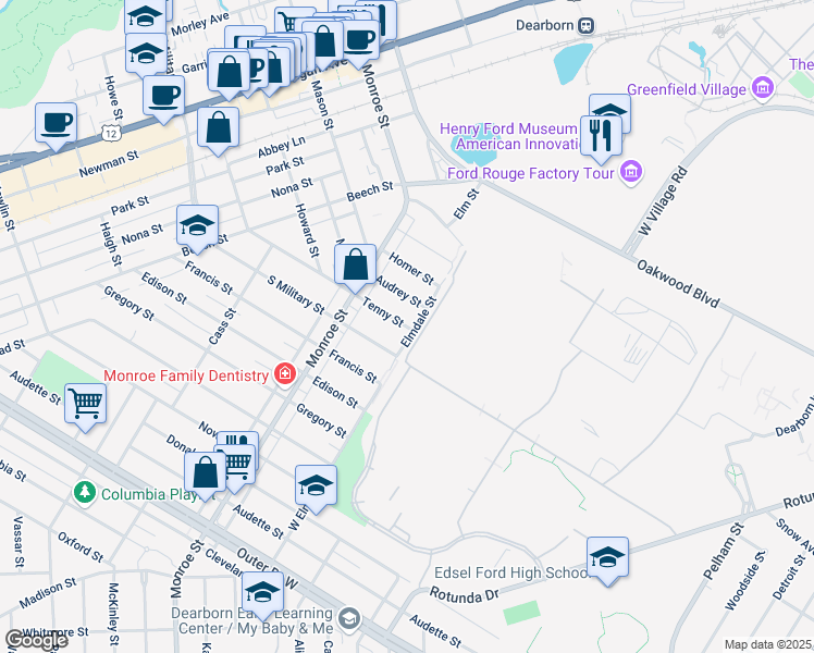 map of restaurants, bars, coffee shops, grocery stores, and more near 21530 Tenny Street in Dearborn