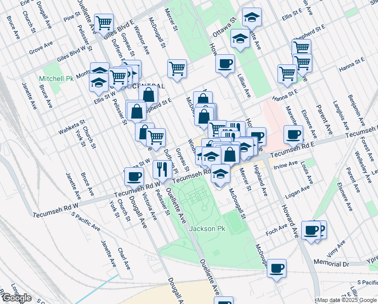 map of restaurants, bars, coffee shops, grocery stores, and more near 1619 Windsor Avenue in Windsor