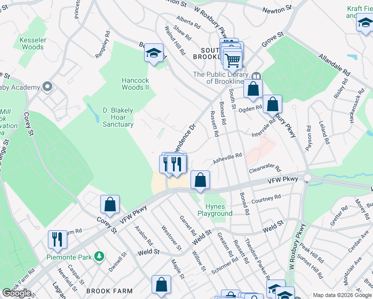 map of restaurants, bars, coffee shops, grocery stores, and more near 91 Thornton Road in Brookline