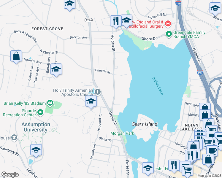 map of restaurants, bars, coffee shops, grocery stores, and more near 21 Holden Street in Worcester