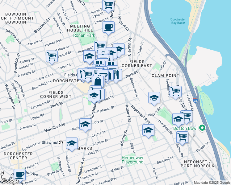 map of restaurants, bars, coffee shops, grocery stores, and more near 60 Gibson Street in Boston